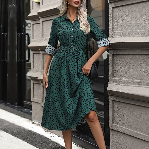 Damen Midi-Kleid mit punktiertem Muster und tailliertem Gürtel EB