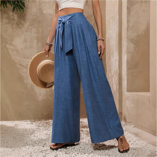 Damen Weite Hochtaillierte Hose mit Schleifenbund und Falten EB