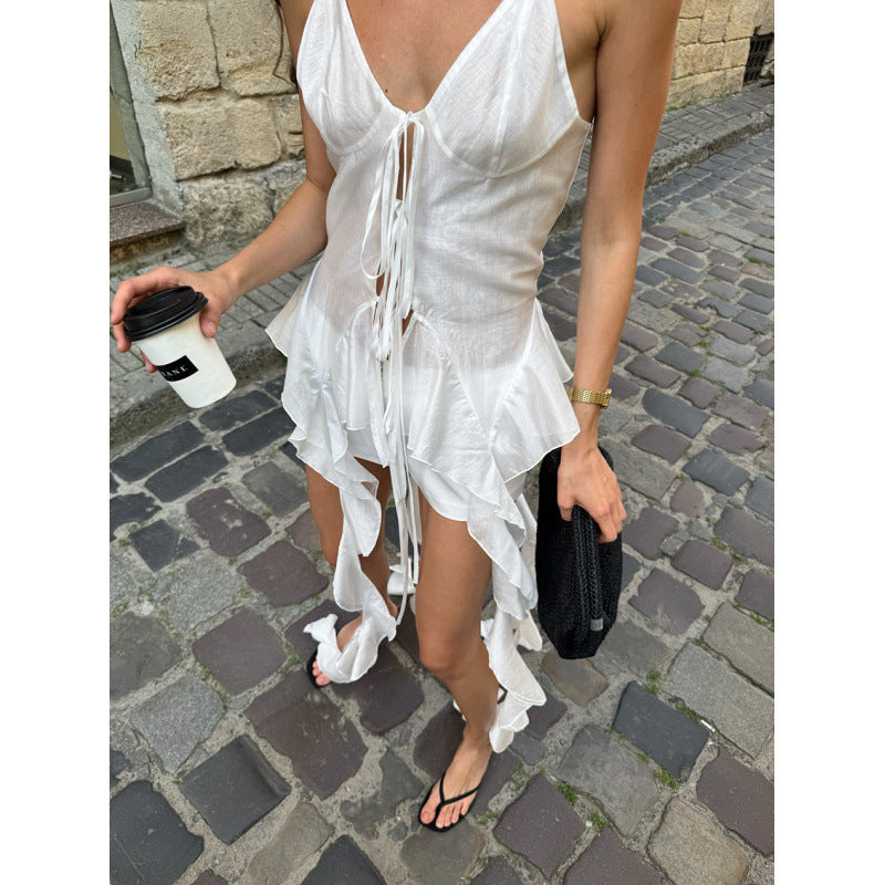 Damen ärmelloses Strandkleid mit Schnürung und schwingendem Saum EB