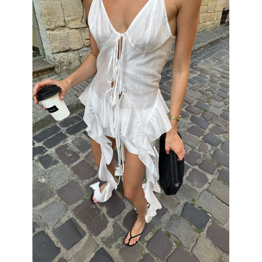 Damen ärmelloses Strandkleid mit Schnürung und schwingendem Saum EB