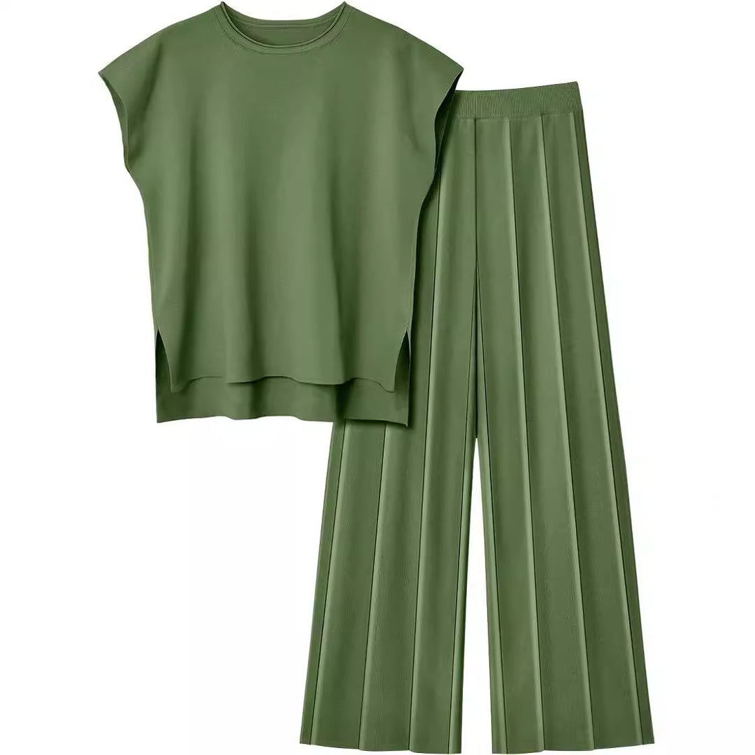 Damen elegantes Set mit kurzärmligem Oberteil und plissierter Hose EB