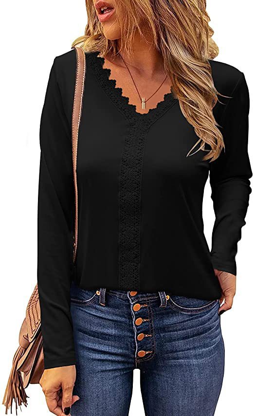 Damen elegantes V-Ausschnitt Longsleeve-Shirt mit Spitzenbesatz EB