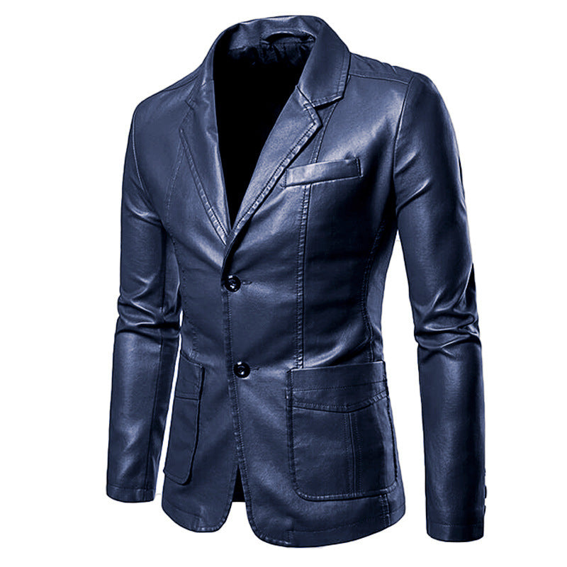 Herren Figurbetonter Lederoptik-Blazer mit Hemdkragen und Zwei-Knopf-Front EB