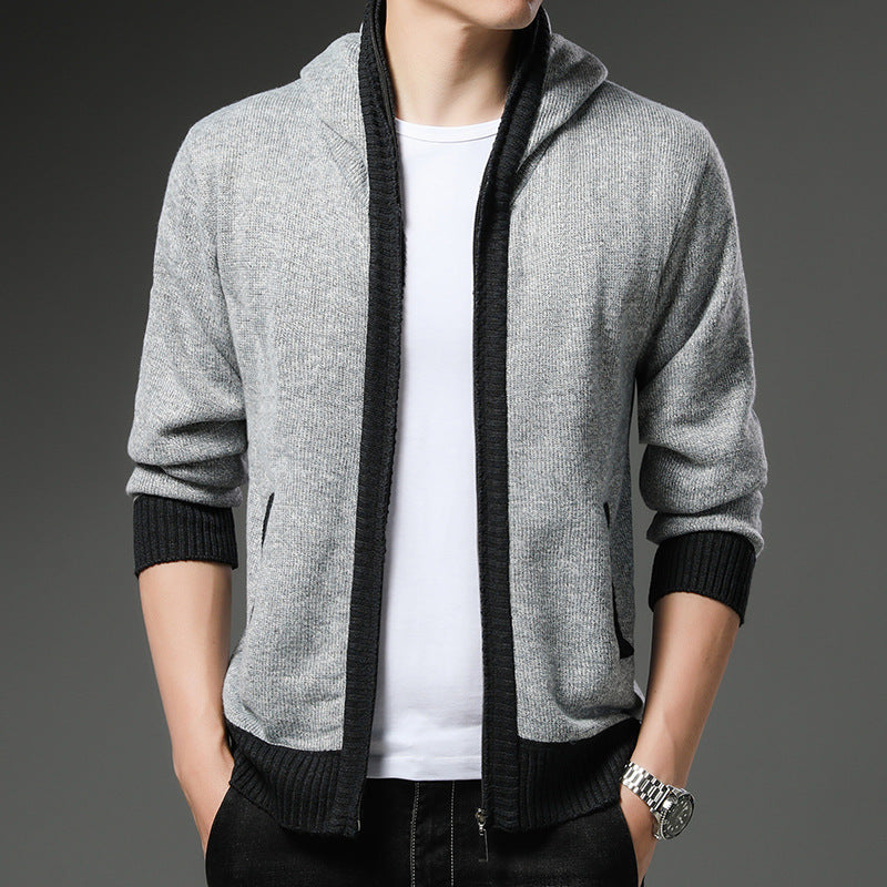 Herren Moderne Strickjacke mit Kapuze und schwarz-weißen Akzenten EB