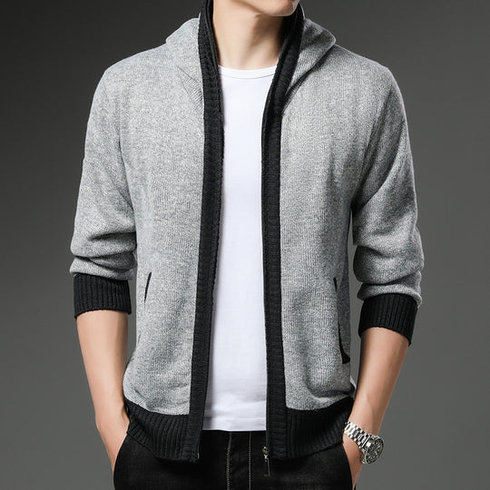 Herren Moderne Strickjacke mit Kapuze und schwarz-weißen Akzenten EB