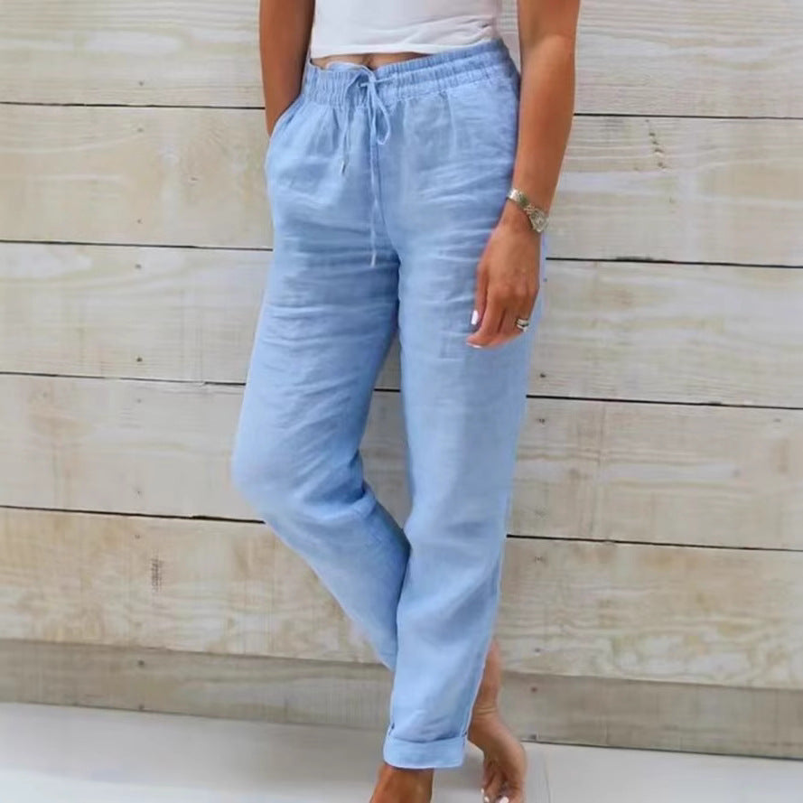 Damen nan lässige Leinenhose mit elastischem Bund Kordelzug und Seitentaschen EB
