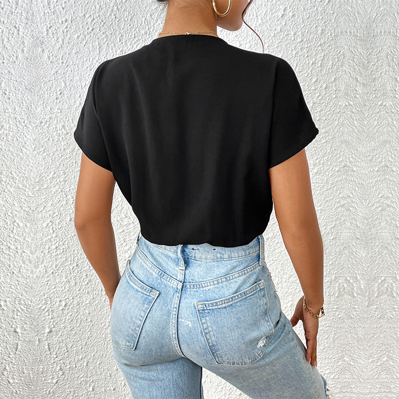Damen Body mit eleganter Wickeloptik und kurzen Ärmeln EB
