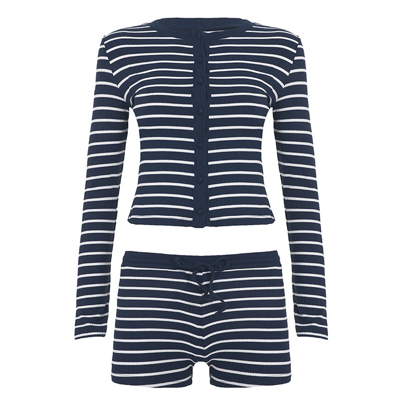 Damen nan gestreiftes Ripp-Lounge-Set mit knöpfbarem Langarm-Top und taillenhohen Shorts EB