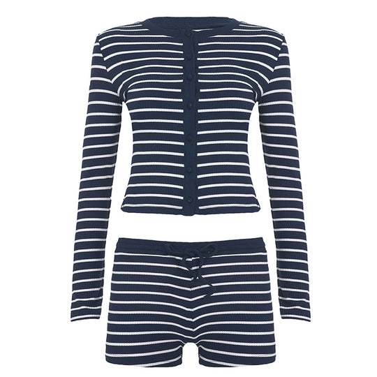 Damen nan gestreiftes Ripp-Lounge-Set mit knöpfbarem Langarm-Top und taillenhohen Shorts EB