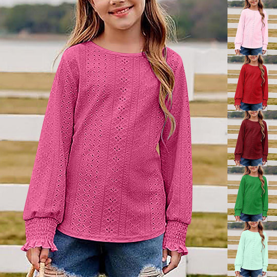 Damen Ajourgestricktes Oversize-Pullover-Shirt mit Ballonärmeln und Rüschenbündchen EB