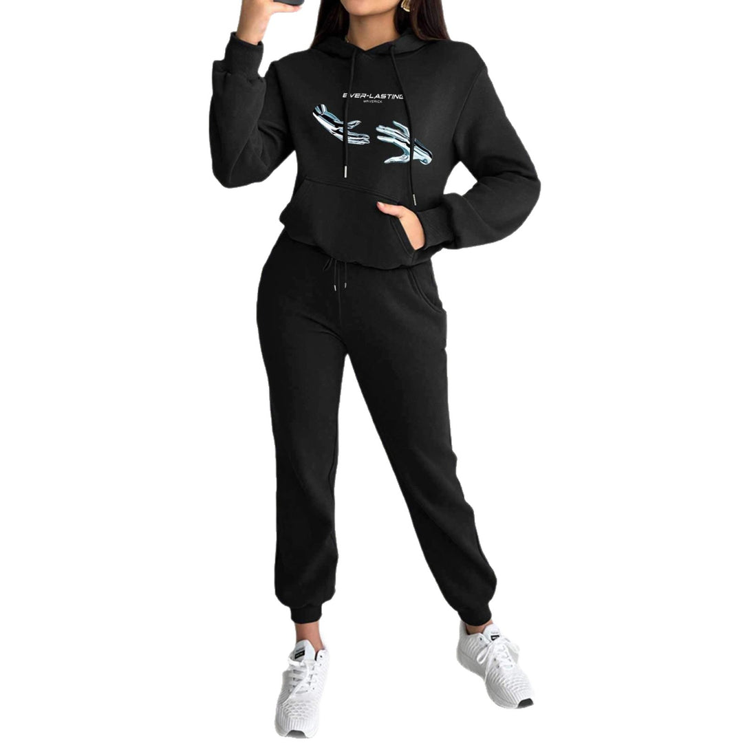 Damen nan Kapuzenpullover im Cropped-Schnitt mit Kängurutasche und grafischem Hand-Print EB