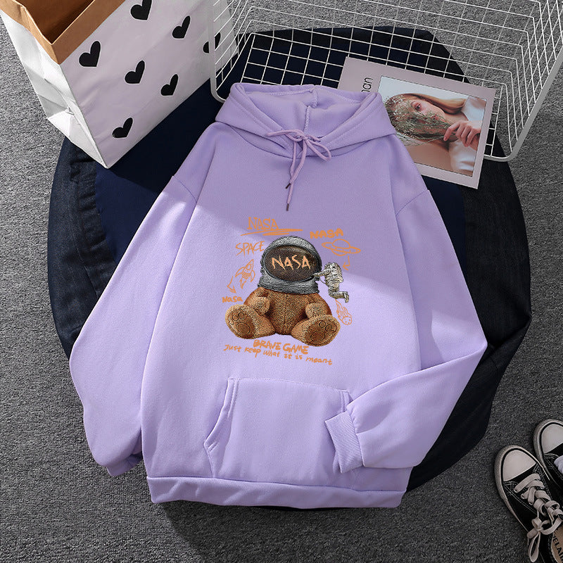 Damen nan lässiger Hoodie mit Astronauten‑Teddy‑Print, Kängurutasche und weichem Fleece-Innenfutter EB