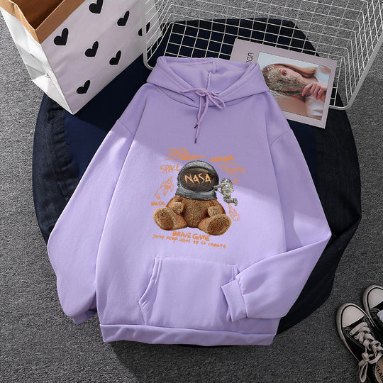 Damen nan lässiger Hoodie mit Astronauten‑Teddy‑Print, Kängurutasche und weichem Fleece-Innenfutter EB