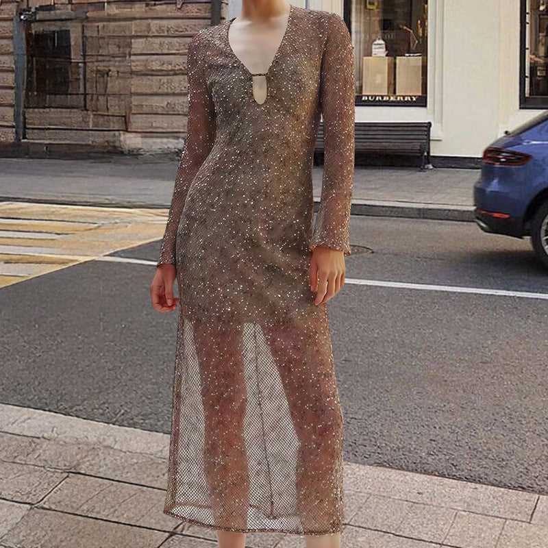 Damen Glamouröses Paillettenkleid mit tiefem V-Ausschnitt und langen Ärmeln EB