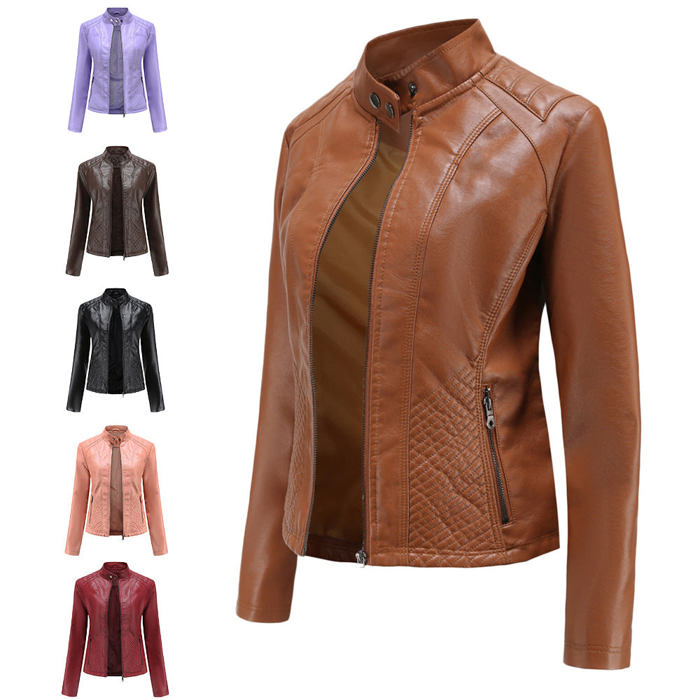 Damen nan taillierte Biker-Kunstlederjacke mit Stehkragen und gesteppter Seitenpartie EB