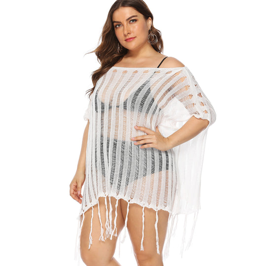 Damen luftiger Häkel-Strandüberwurf mit trendy Fransen EB