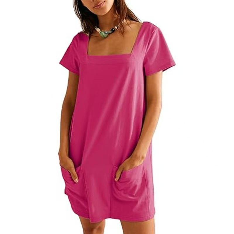 Damen Lockeres Sommerkleid mit Quadrat-Ausschnitt und praktischen Taschen EB