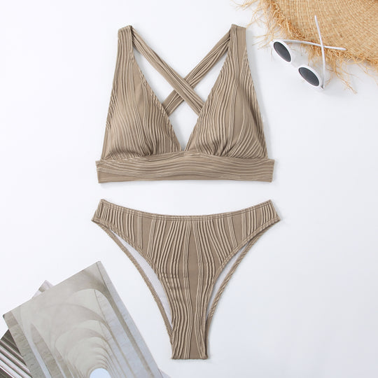 Damen Gestreifter Bikini mit raffiniertem Kreuz-Design EB
