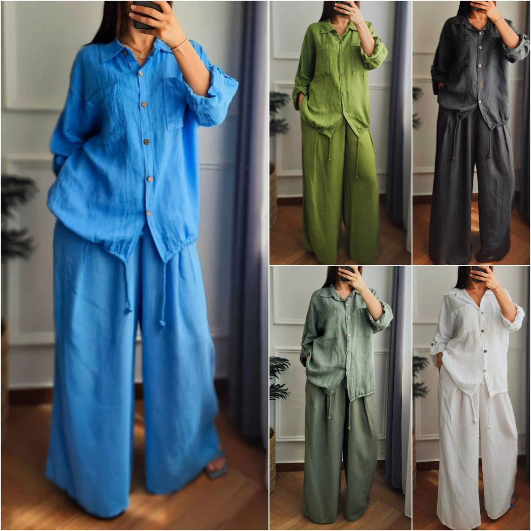 Damen Leinen-Set mit weiten Hosen undlässiger Bluse EB