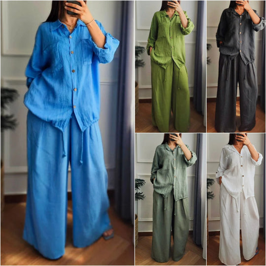 Damen Leinen-Set mit weiten Hosen undlässiger Bluse EB