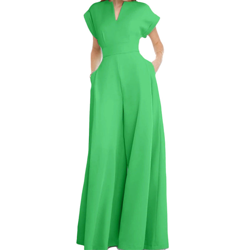 Damen Eleganter Jumpsuit mit Weitem Bein und Schalkragen EB