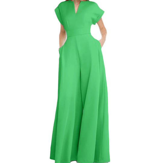 Damen Eleganter Jumpsuit mit Weitem Bein und Schalkragen EB