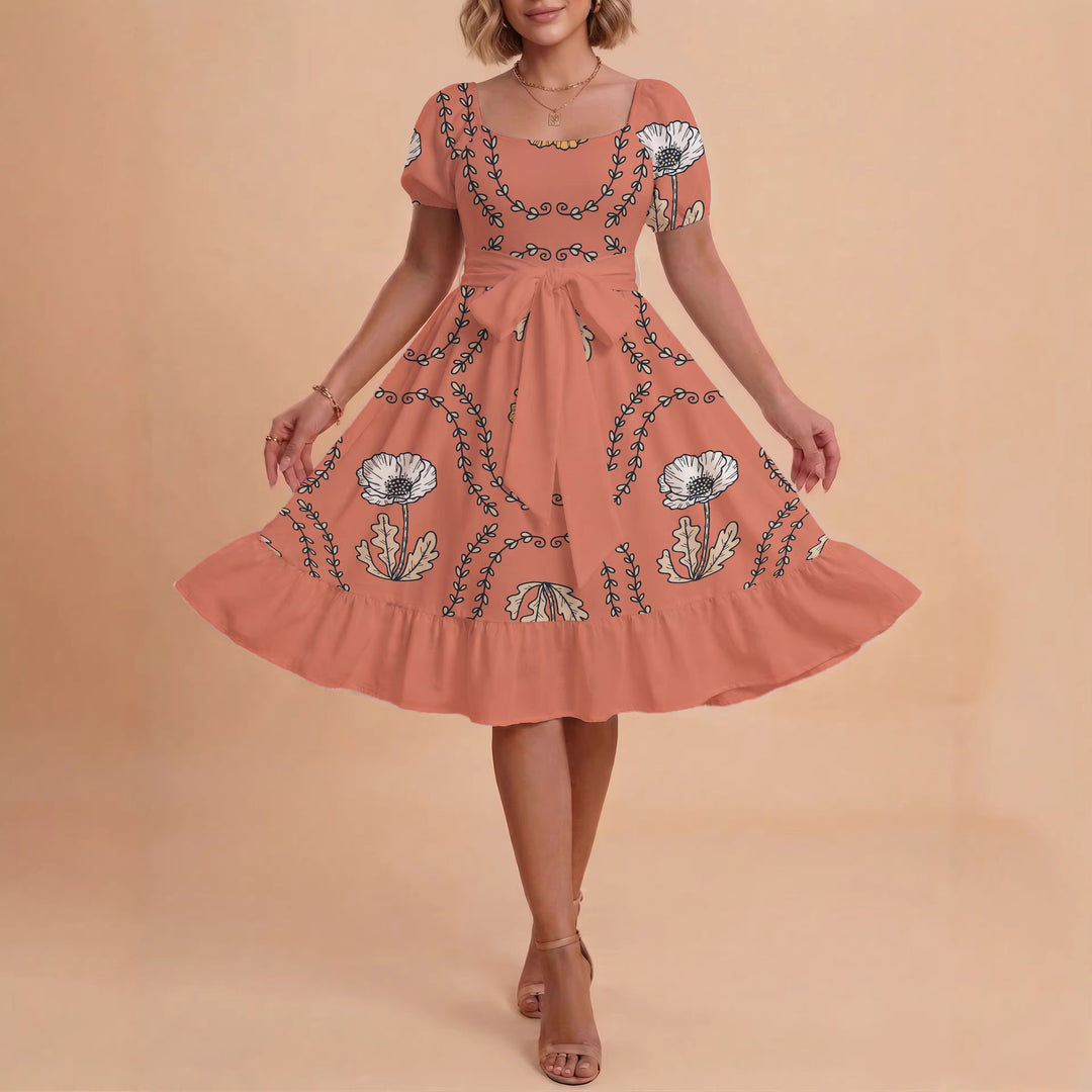 Damen modernes Blumenkleid mit elegantem Taillengürtel und asymmetrischem Saum EB