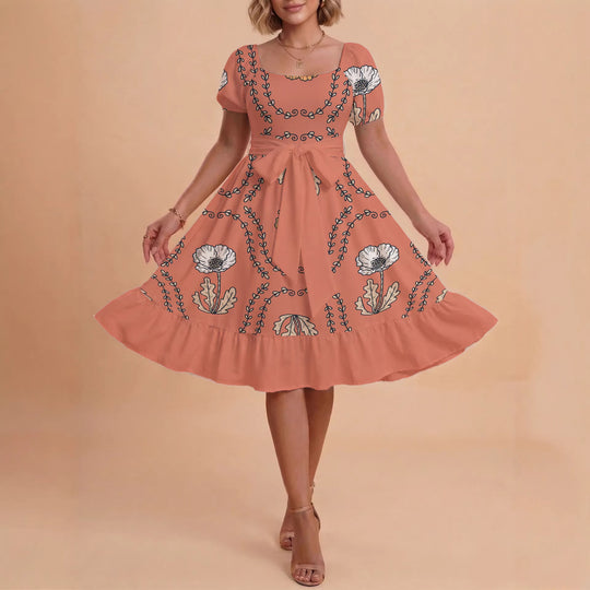 Damen modernes Blumenkleid mit elegantem Taillengürtel und asymmetrischem Saum EB