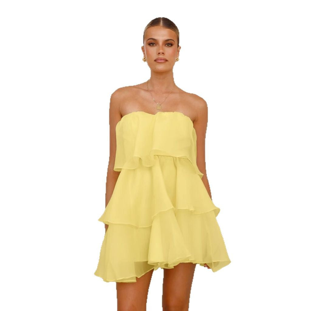 Damen Verspieltes Chiffonkleid mit schwingendem Volant und schulterfreiem Design EB