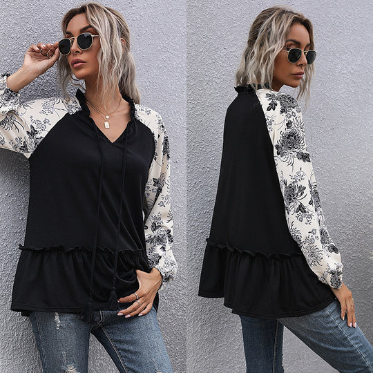 Damen modische Bluse mit floralem Ärmeldetail EB