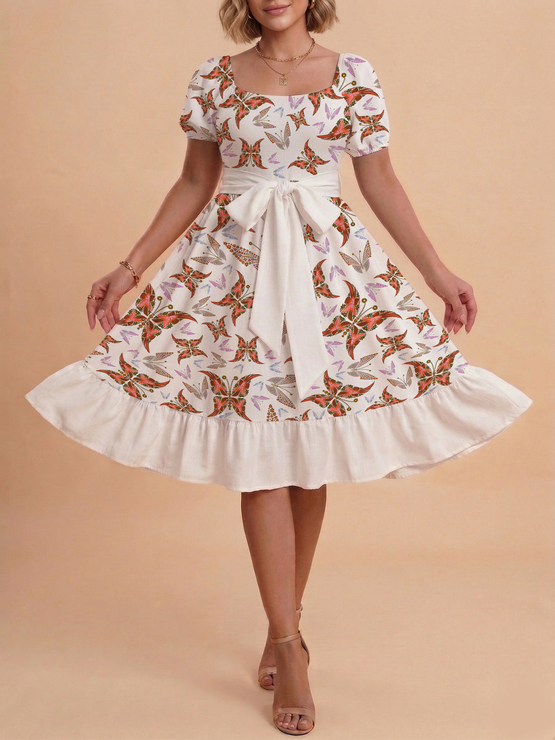 Damen modernes Blumenkleid mit elegantem Taillengürtel und asymmetrischem Saum EB