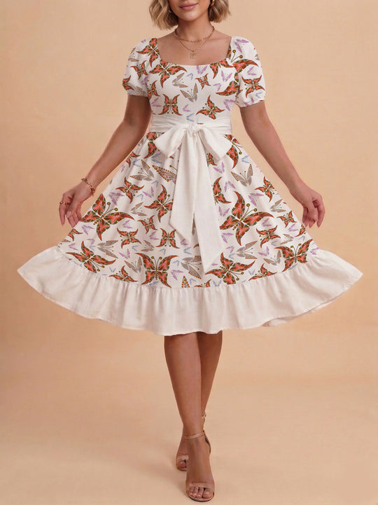 Damen modernes Blumenkleid mit elegantem Taillengürtel und asymmetrischem Saum EB
