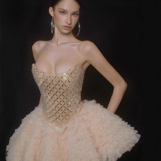 Damen Glamouröses Tüll-Cocktailkleid mit schimmerndem Oberteil EB