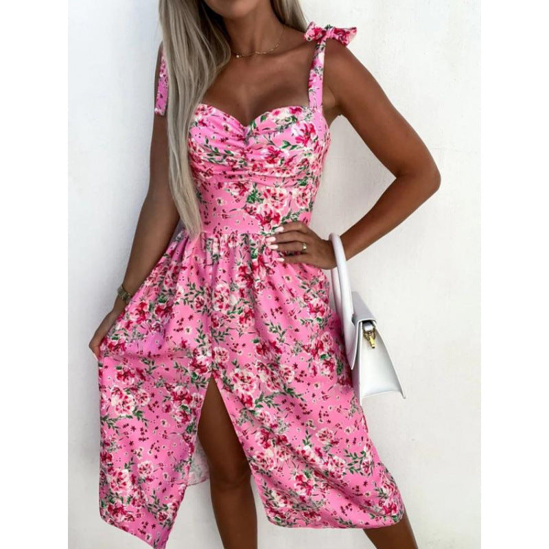 Damen Sommerkleid mit floralem Design und verspielt gebundenen Trägern EB