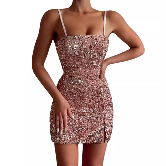 Damen Glamouröses Pailletten-Kleid mit Schlitzen und Spaghetti-Trägern EB