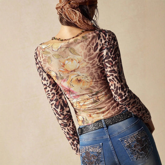 Damen nan figurbetontes Tüll-Longsleeve mit Animal- und Blumenprint, Carmen-Ausschnitt und seitlicher Raffung EB