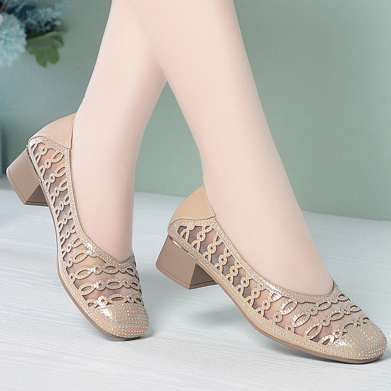 Damen Dekorative Ballerinas mit Strassverzierung und bequemen Blockabsatz EB