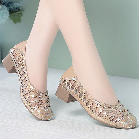Damen Dekorative Ballerinas mit Strassverzierung und bequemen Blockabsatz EB