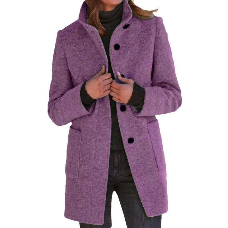 Damen elegante Wolljacke mit praktischen Taschen und Knopfverschluss EB