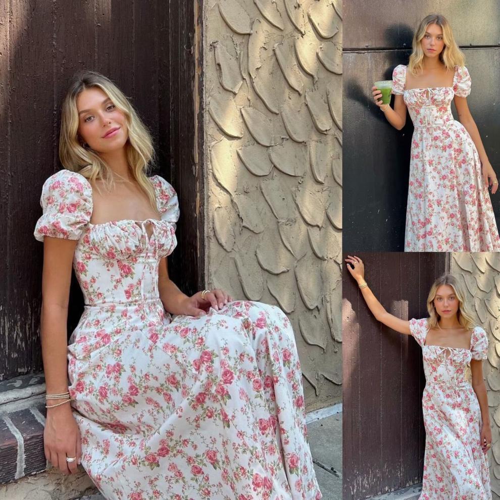 Damen Sommerliches Blumenkleid mit hochgeschlossenem Ausschnitt und Puffärmeln EB