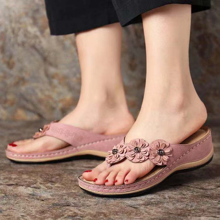 Damen komfortable Zehentrenner-Sandalen mit floralem Detail und gepolsterter Innensohle EB