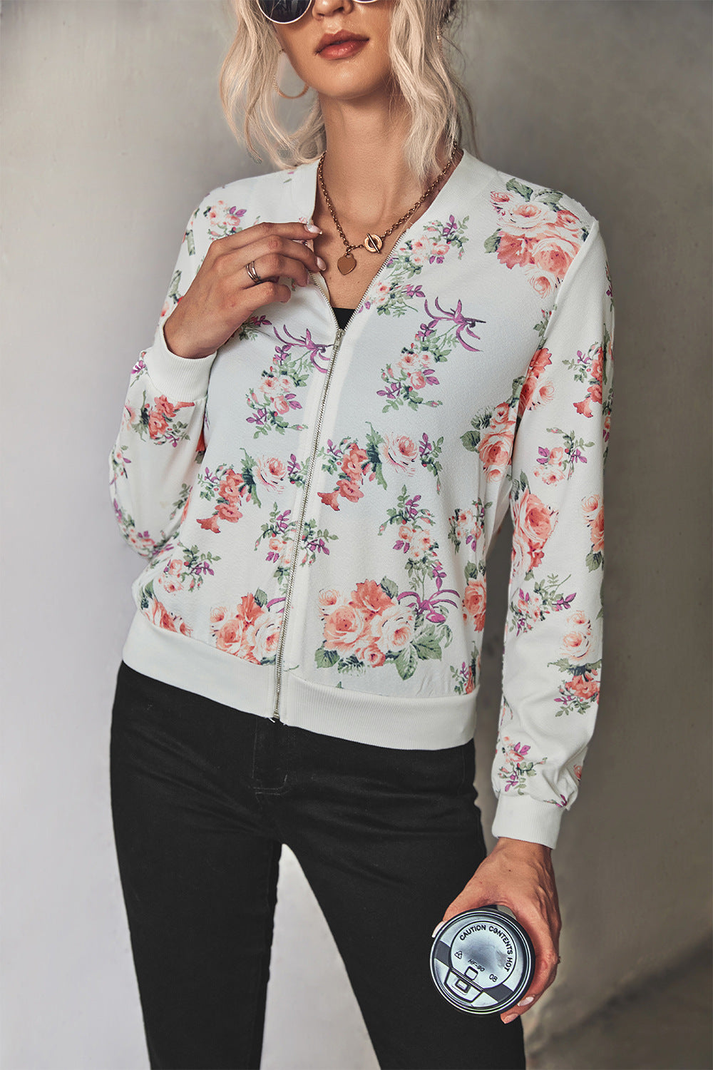 Damen Blütenmuster Freizeitjacke mit Reißverschluss und elastischen Bündchen EB