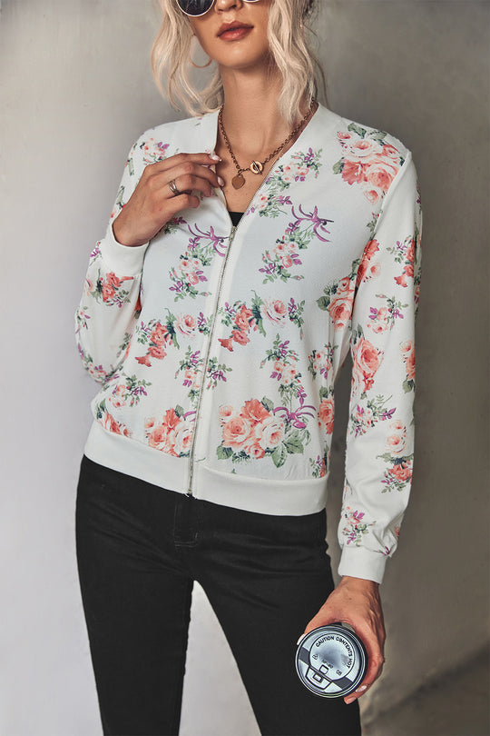 Damen Blütenmuster Freizeitjacke mit Reißverschluss und elastischen Bündchen EB
