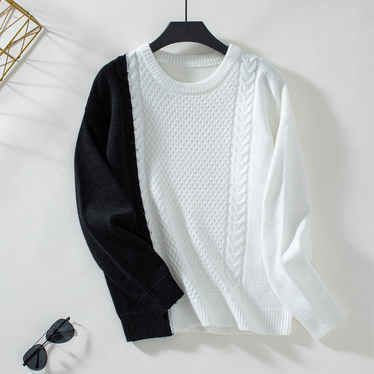 Damen modischer Pullover mit strukturiertem Zopfmuster und innovativem Farbblockdesign EB