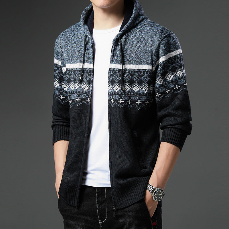 Herren gemusterte Strickjacke mit Kapuze und komfortablem Schnitt EB