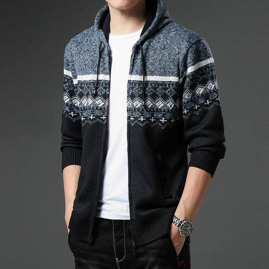 Herren gemusterte Strickjacke mit Kapuze und komfortablem Schnitt EB