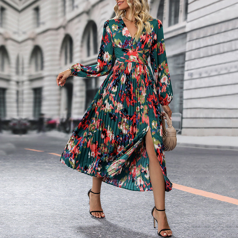 Damen Maxikleid mit plissiertem Design und aufregendem Beinschlitz EB