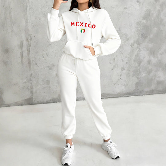 Damen nan kuscheliges Hoodie-Jogginganzug-Set mit Kapuze, Kängurutasche, soft gebürstetem Innenfutter und Mexico-Print EB