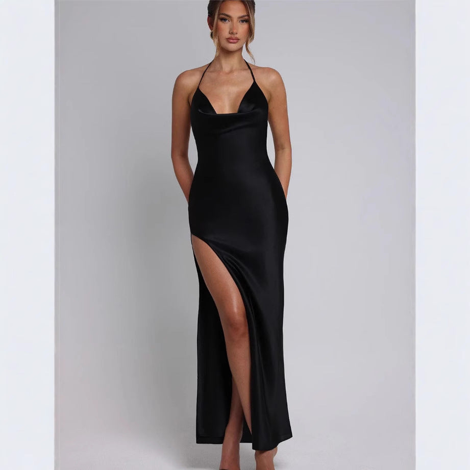 Damen Satin-Maxikleid mit tiefem Schlitz und Halterneck EB