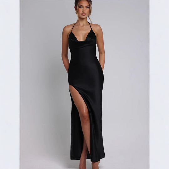 Damen Satin-Maxikleid mit tiefem Schlitz und Halterneck EB